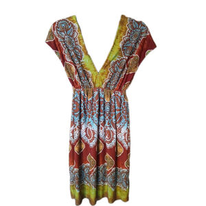 Maurice Paisley V-Neck Bohemian Dress with Flowy Short Sleeves Sz Sm Knee Length